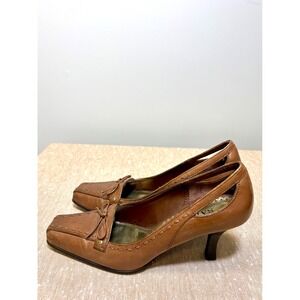 Franco Sarto 90’s Cognac Brown Leather Shoes Square Toe Pumps Kitten Heels Sz7